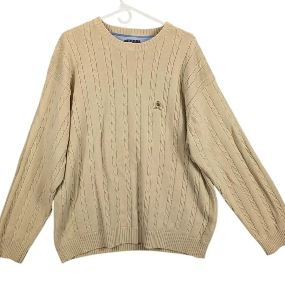 Vintage Tommy Hilfiger Sweater Mens XXL Beige Cable Knit Long Sleeve Crew Neck